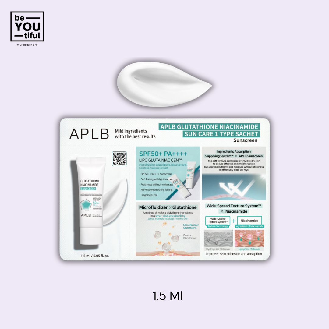 APLB Glutathione Niacinamide Sun Care Type 1 Sachet on light purple background