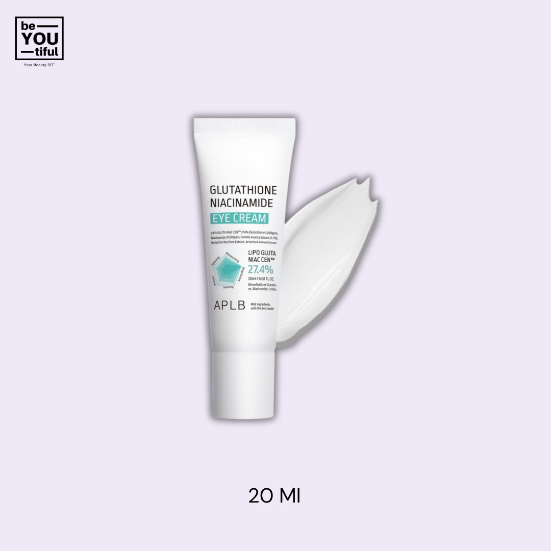 APLB Glutathione Niacinamide Eye Cream 20 ml Tube on light purple background