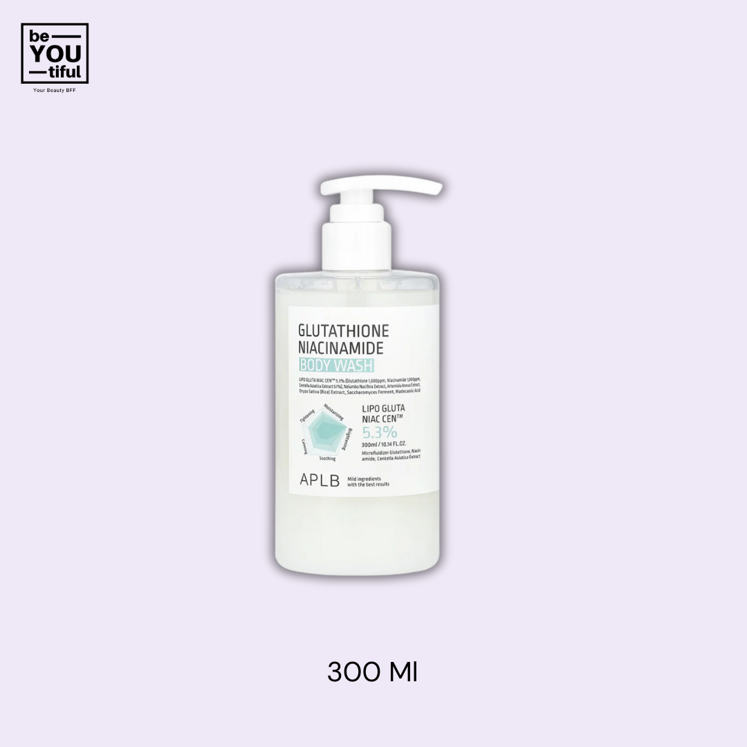 
APLB Glutathione Niacinamide Body Wash  300 ml bottle on light purple background