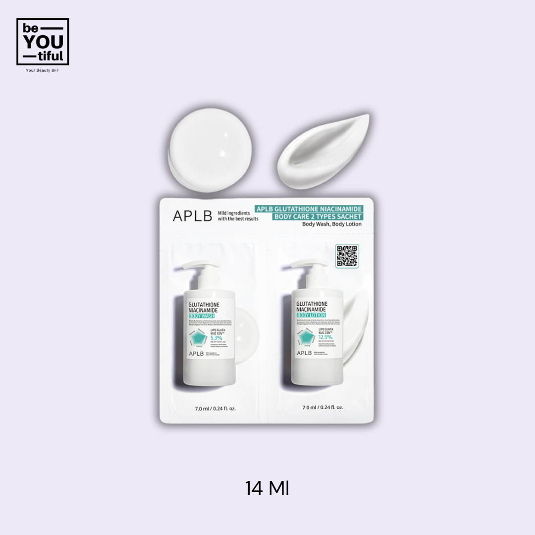 APLB Glutathione Niacinamide Body 2 Types  Sachet 14 ml  on light purple background