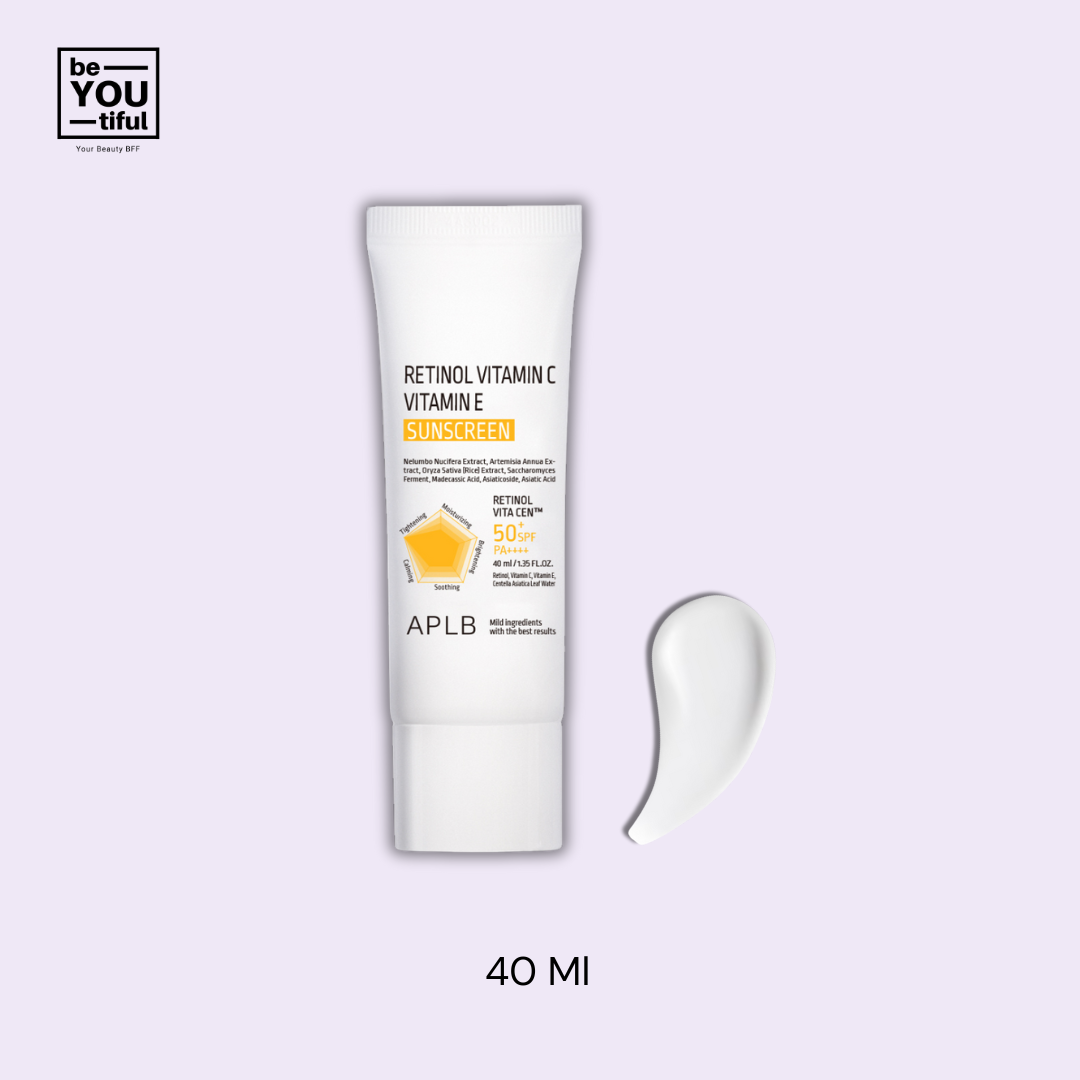 APLB Retinol Vitamin C Vitamin E Sunscreen 40 ml Container on light purple background