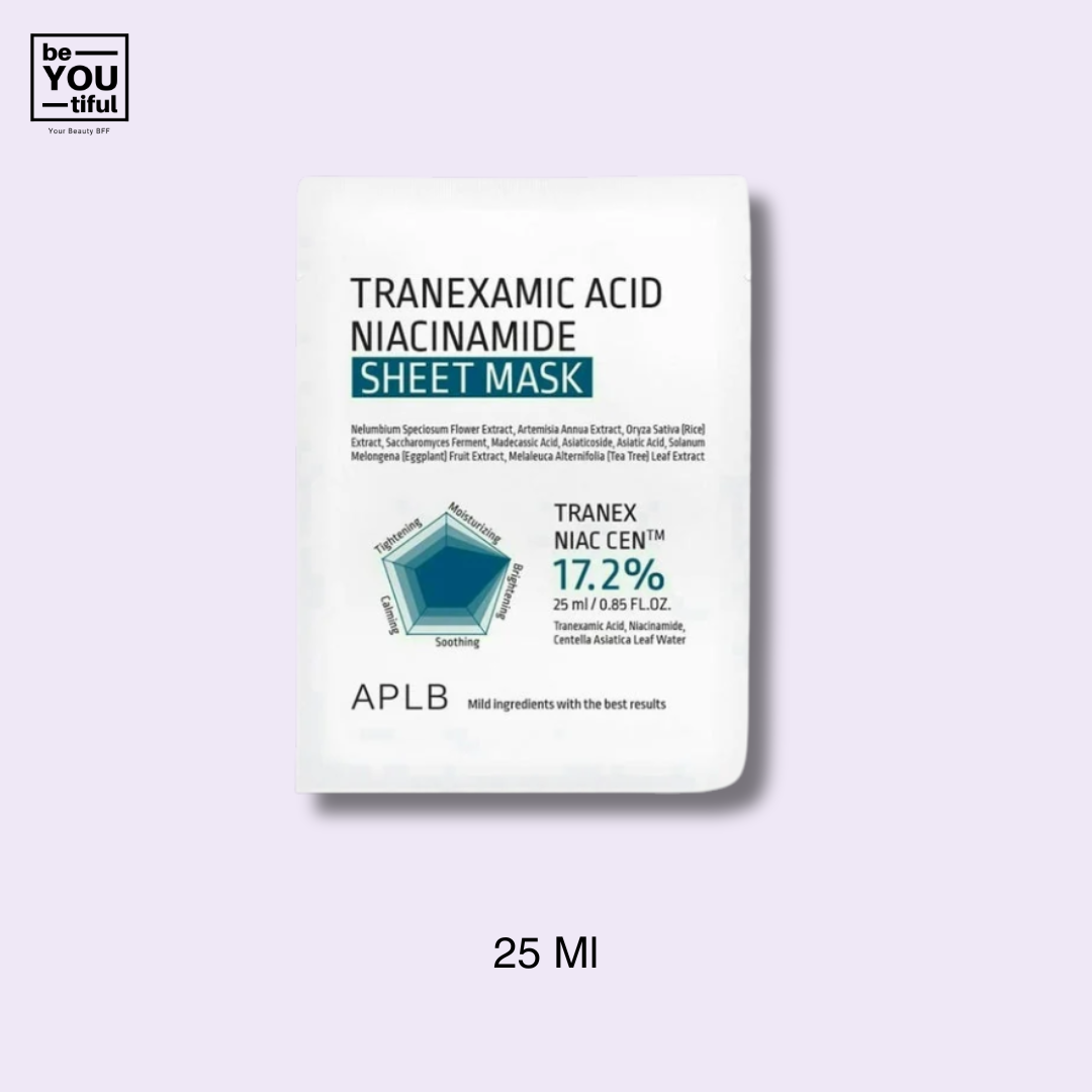 APLB TRANEXAMIC ACID NIACINAMIDE SHEET MASK on the light purple background