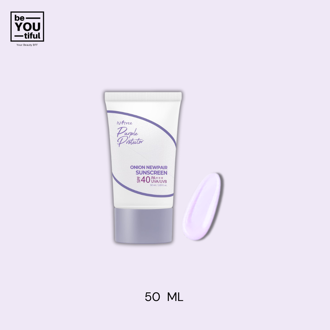 Isntree  Onion Newpair Sunscreen  50ml Tube on light purple background