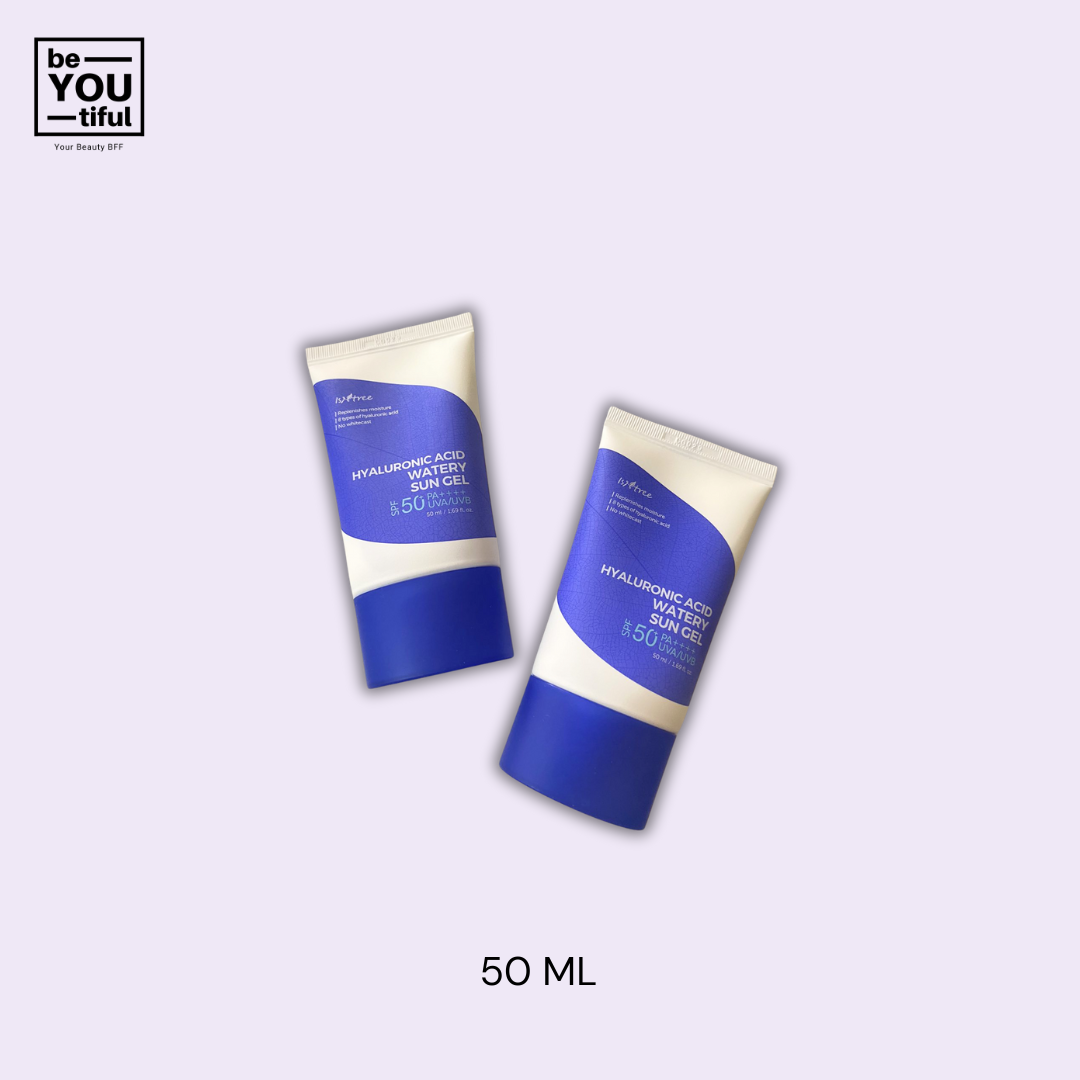 Isntree Hyaluronic Acid Watery Sun Gel  50ml X 2Ea bottle on light purple background