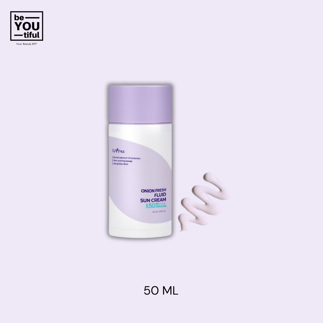 Isntree  Onion Fresh Fluid Sun Cream 50ml bottle on light purple background