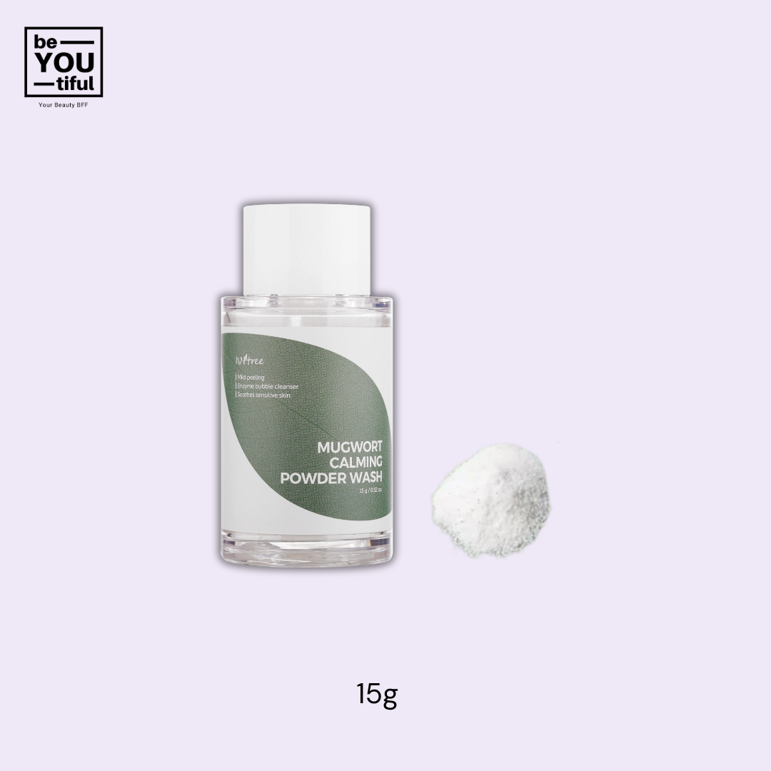 Isntree  Mugwort Calming Powder Wash 15G bottle on light purple background
