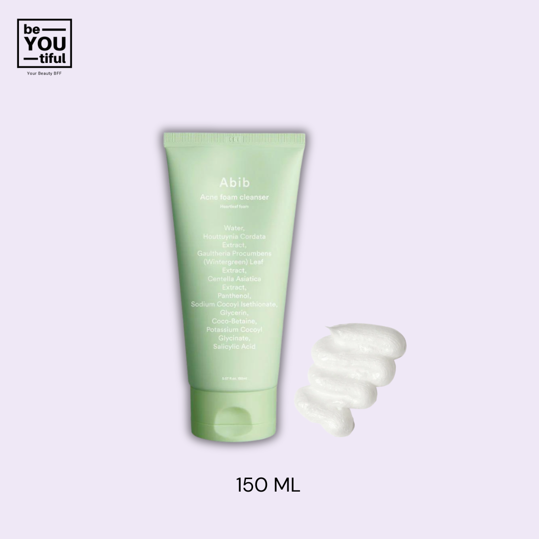 Abib Acne Foam Cleanser Heartleaf Foam 150ml Tube on light purple background
