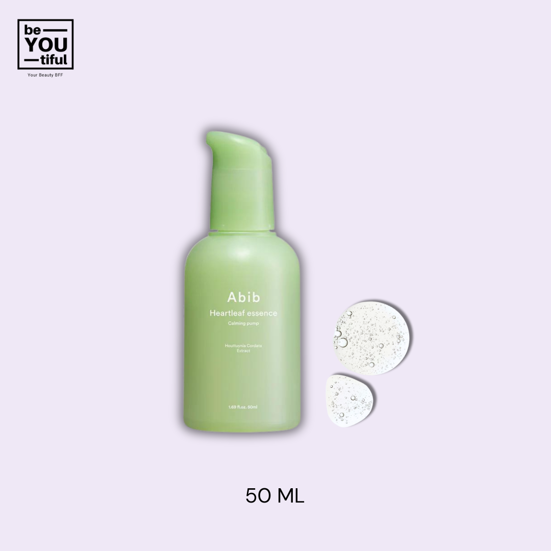 Abib Heartleaf Essence Calming Pump 50ml bottle on light purple background