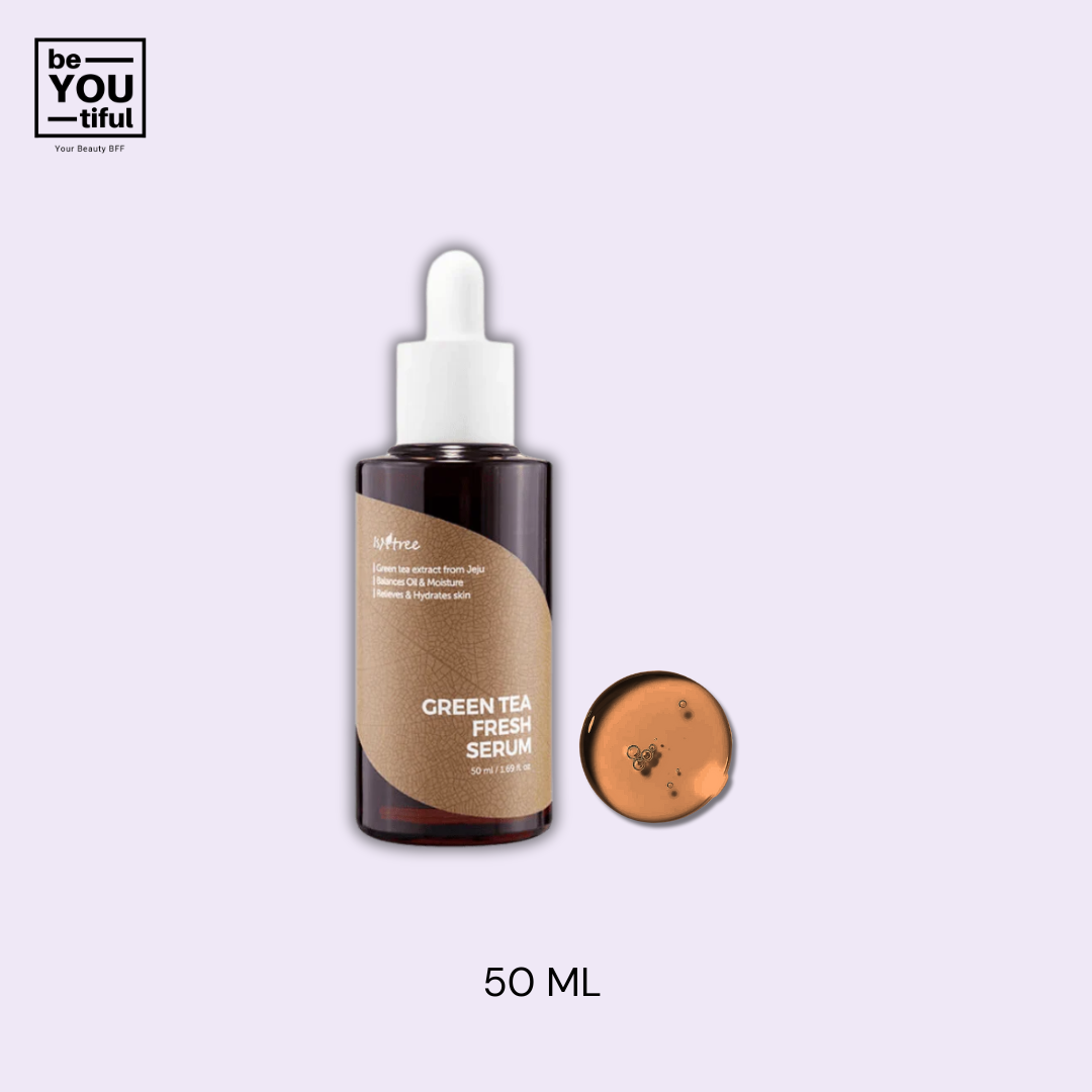 Isntree Green Tea Fresh Serum 50ml bottle on light purple background