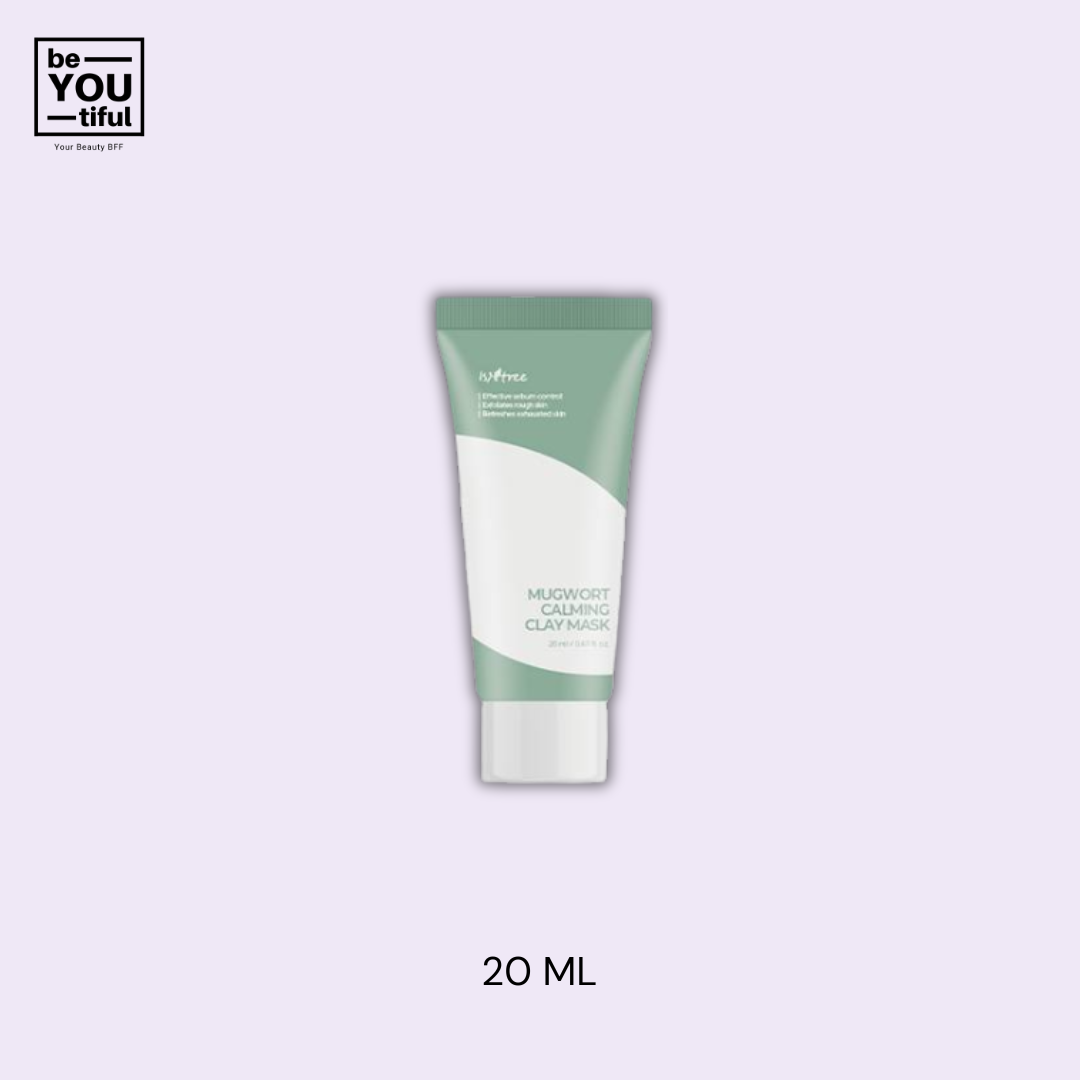 Isntree  Mugwort Calming Clay Mask 20ml bottle on light purple background