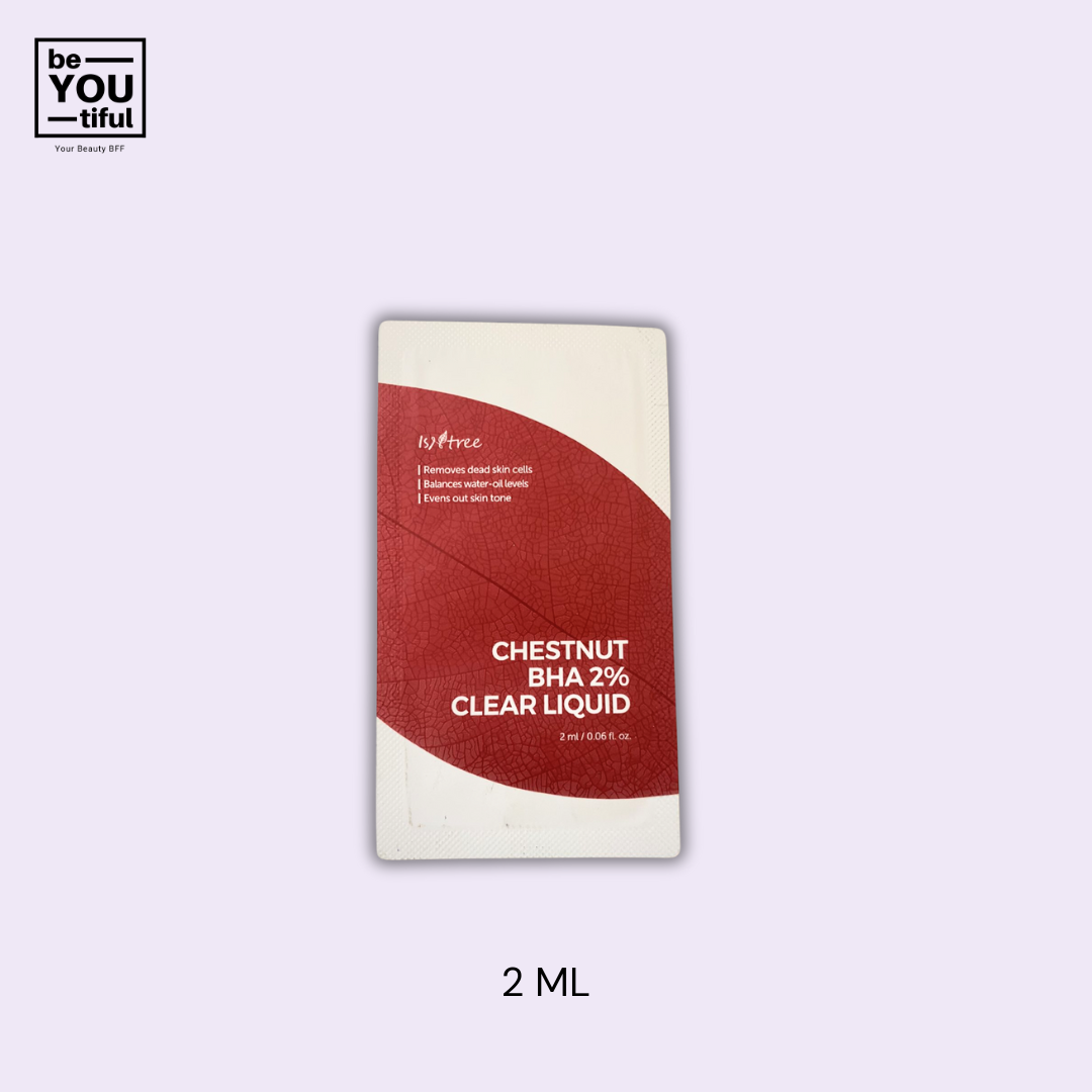 Isntree Chestnut BHA 2% Clear Liquid 2ml Sachet on light purple background