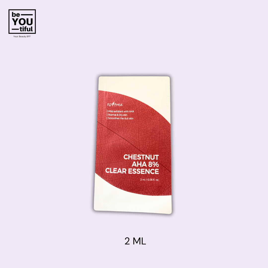 Isntree Chestnut 8% Aha Essence 2ml Sachet on light purple background