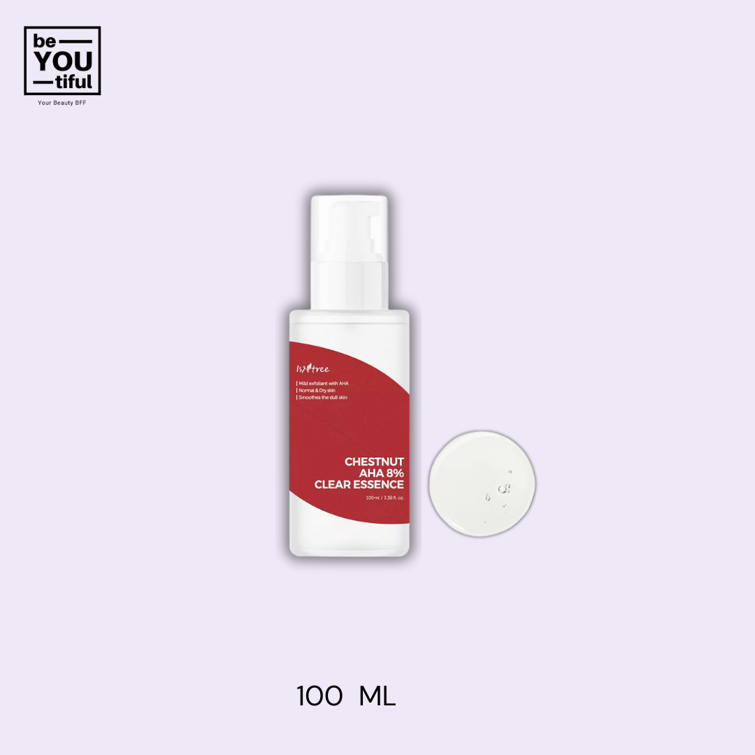 Isntree Chestnut 8% Aha Essence 100ml bottle on light purple background