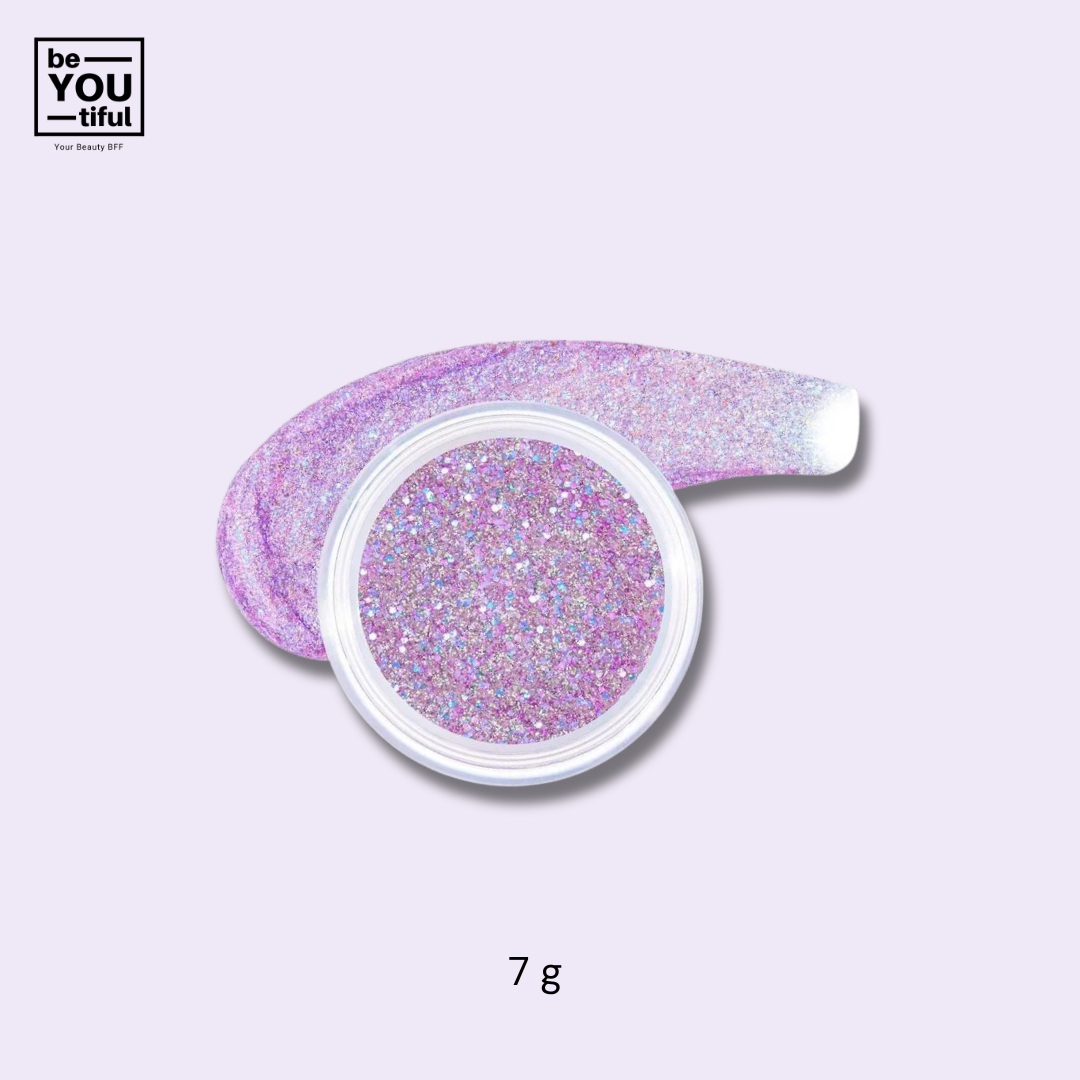 Unleashia Get Loose Glitter Gel N°7 Happy Baker 7g on light purple background
