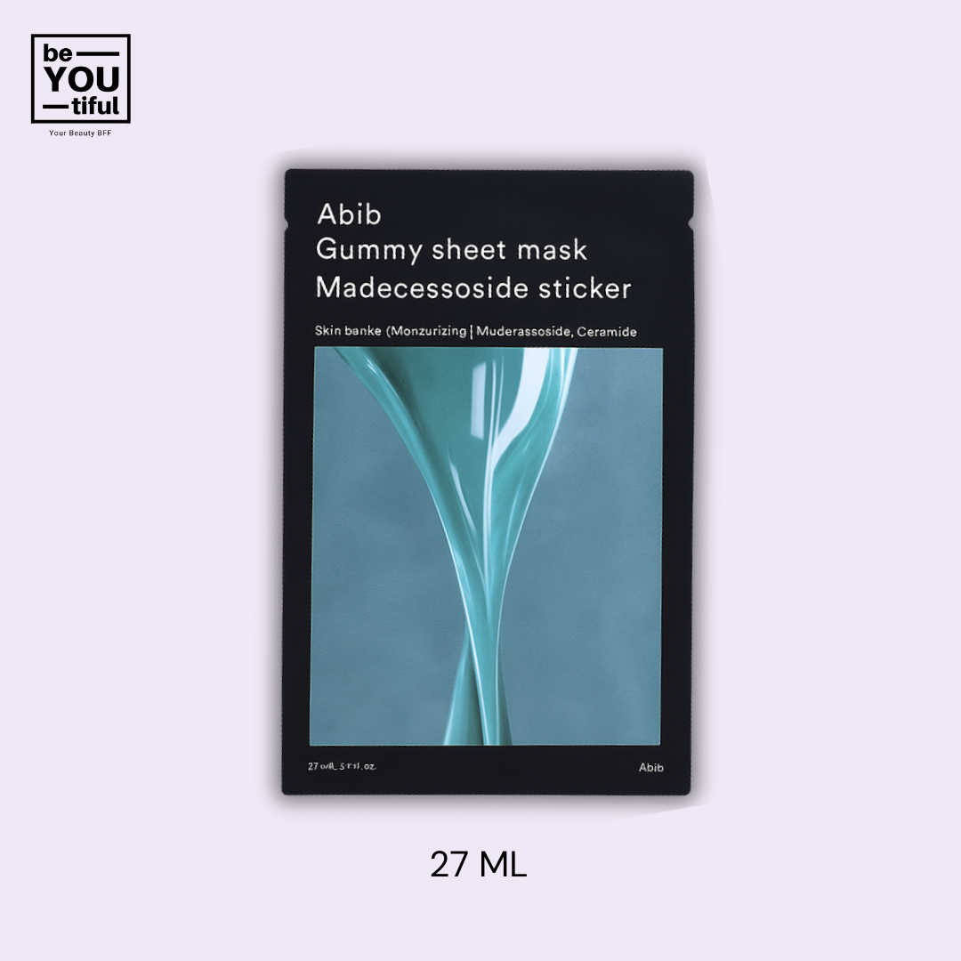 Abib Gummy Sheet Mask Madecassoside Sticker Sheet Mask on light purple background