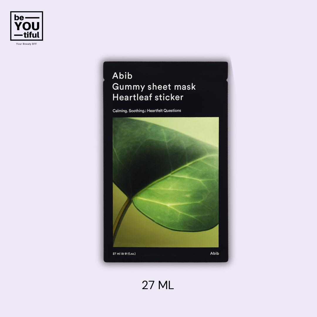 Abib Gummy Sheet Mask Heartleaf Sticker Sheet Mask on light purple background