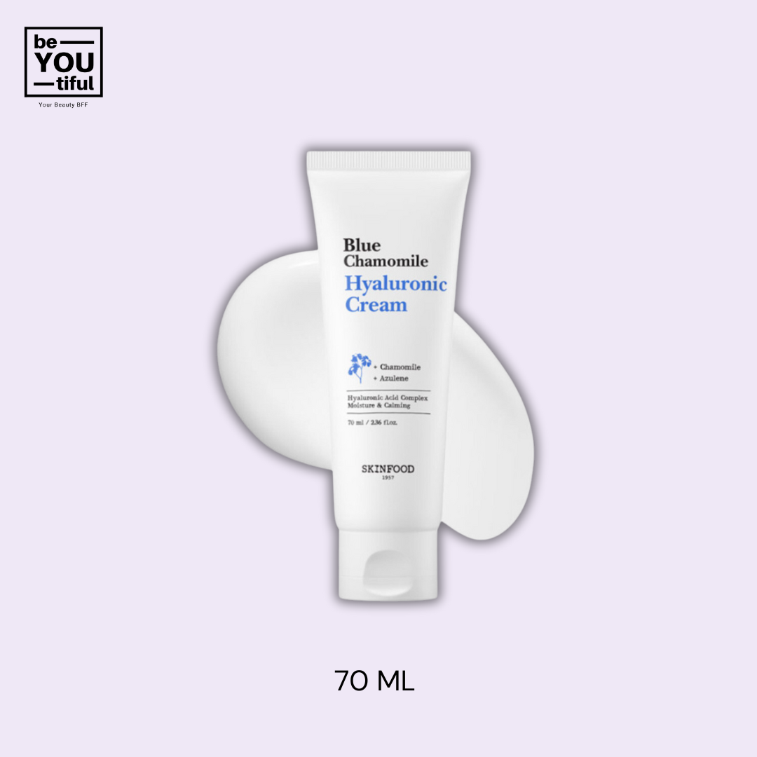 Skin Food Blue Chamomile Hyaluronic Cream Tube  70 ml on light purple background