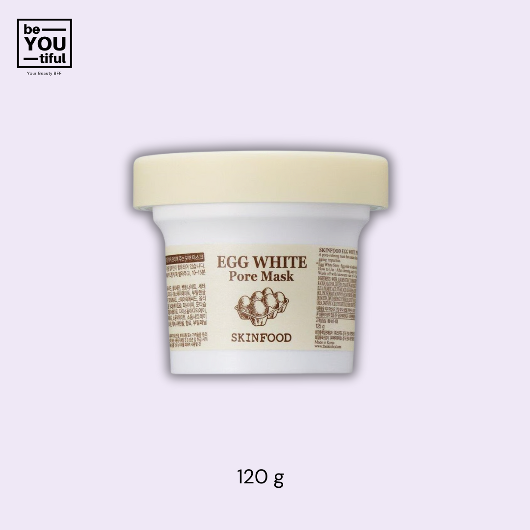 Egg White Pore Mask 120g Container on light purple background