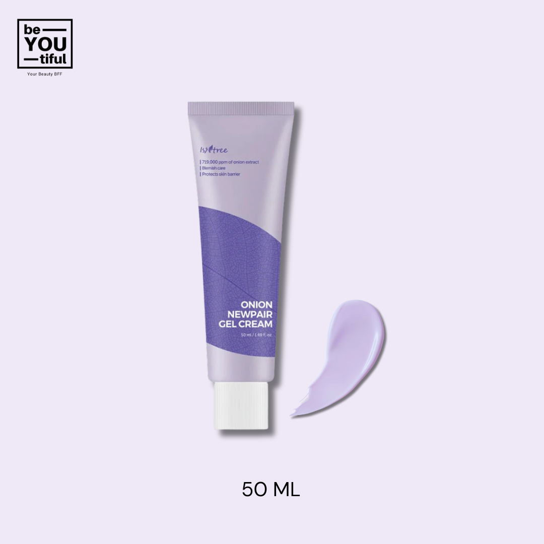 Isntree  Onion Newpair Gel Cream 50ml Tube on light purple background