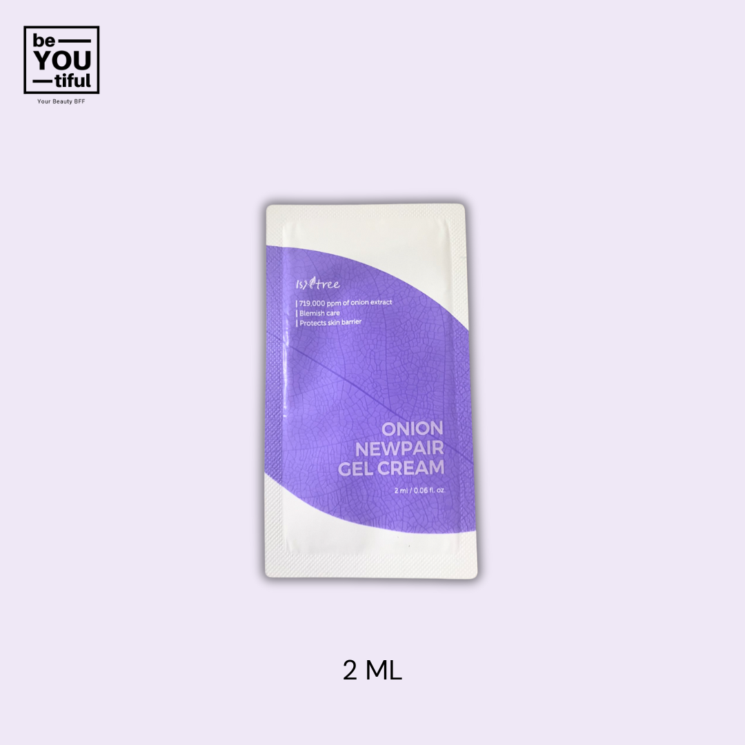 Isntree  Onion Newpair Gel Cream 2ml Sachet on light purple background