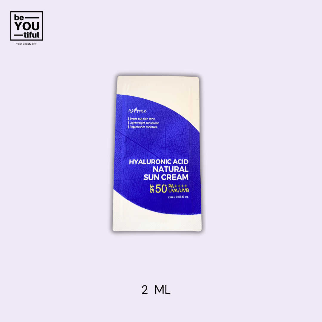 Isntree Hyaluronic Acid Natural Sun Cream 2ml sachet on light purple background
