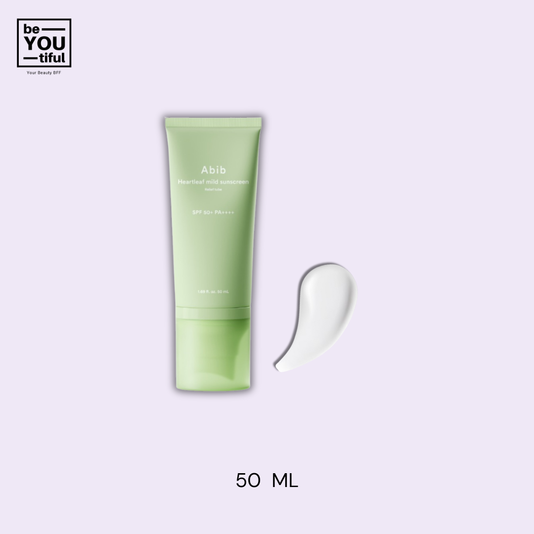Abib Heartleaf Mild Sunscreen Relief Tube  on light purple background