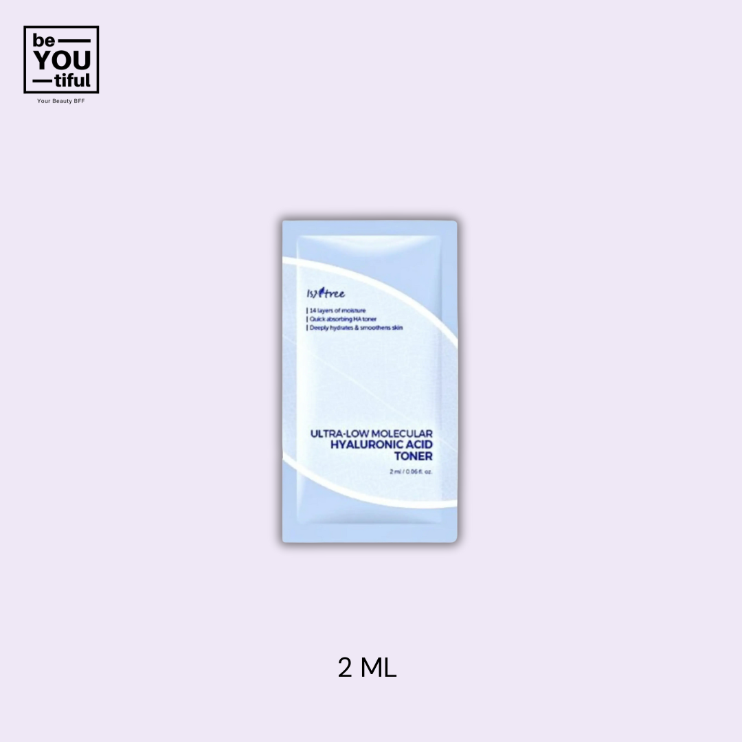 Isntree Ultra Low Molecular Toner 2 ML Sachet on light purple background