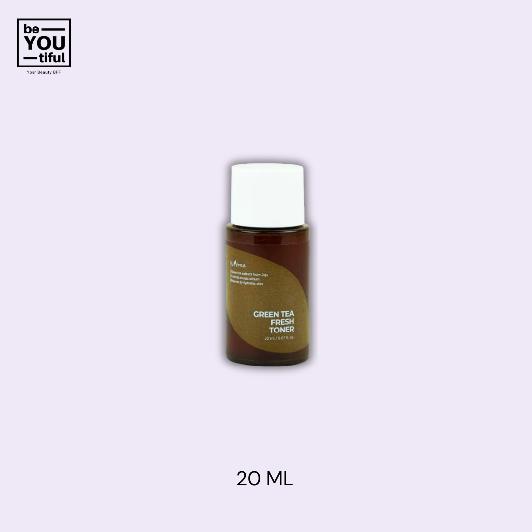 Isntree Green Tea Fresh Toner 20ml bottle on light purple background
